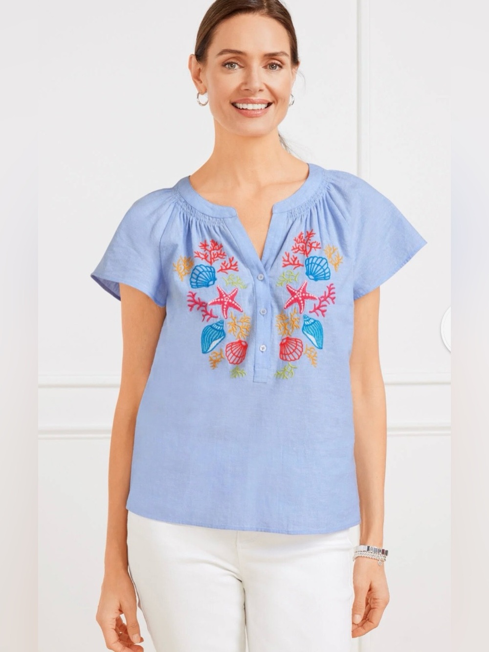 Talbots LINEN COTTON TOP - EMBROIDERED SEASHELL NWT XS